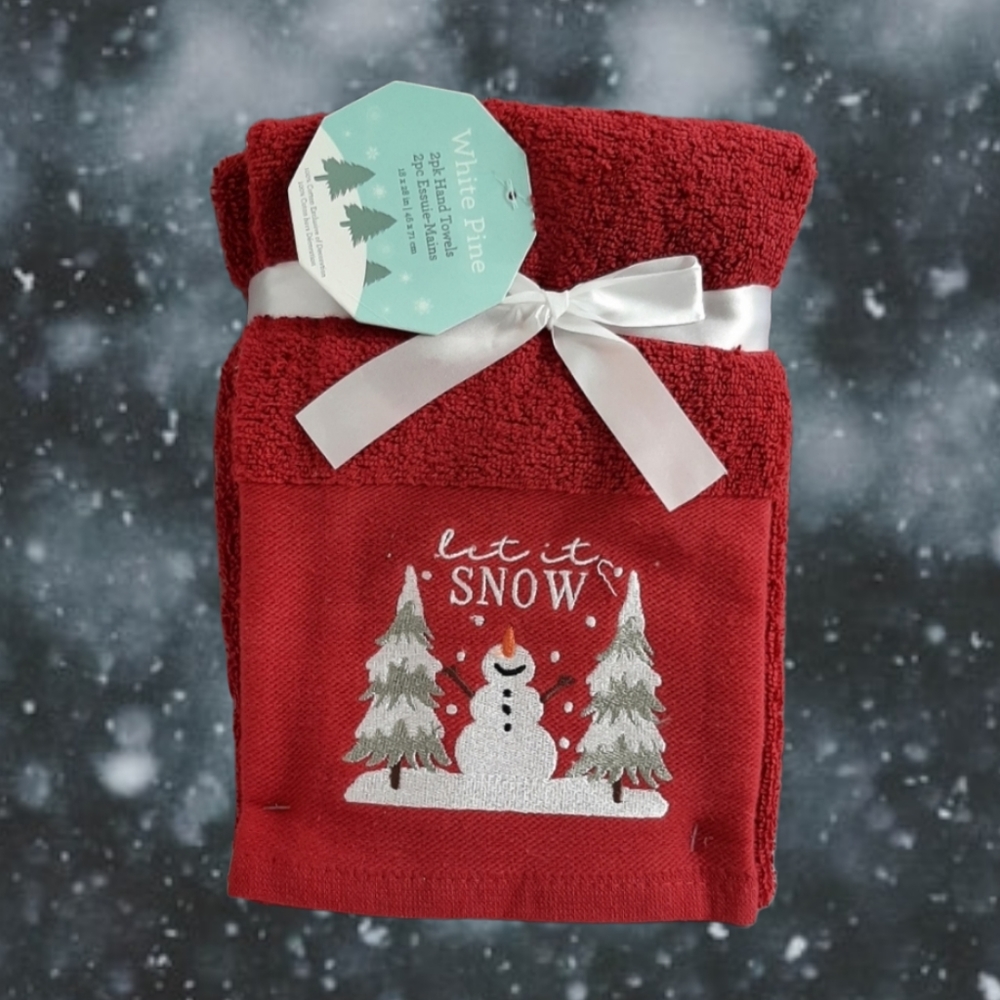 White Pine Let It Snow Snowman Pine Trees Hand Towels Red White